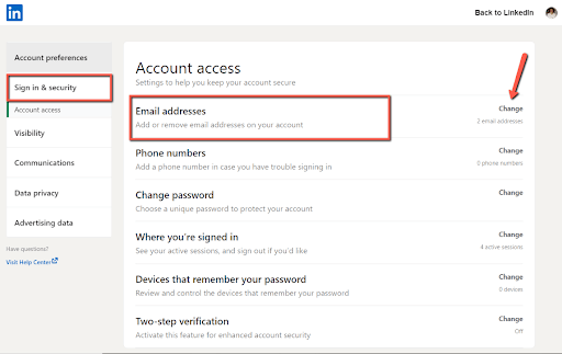 change option next to email addresses