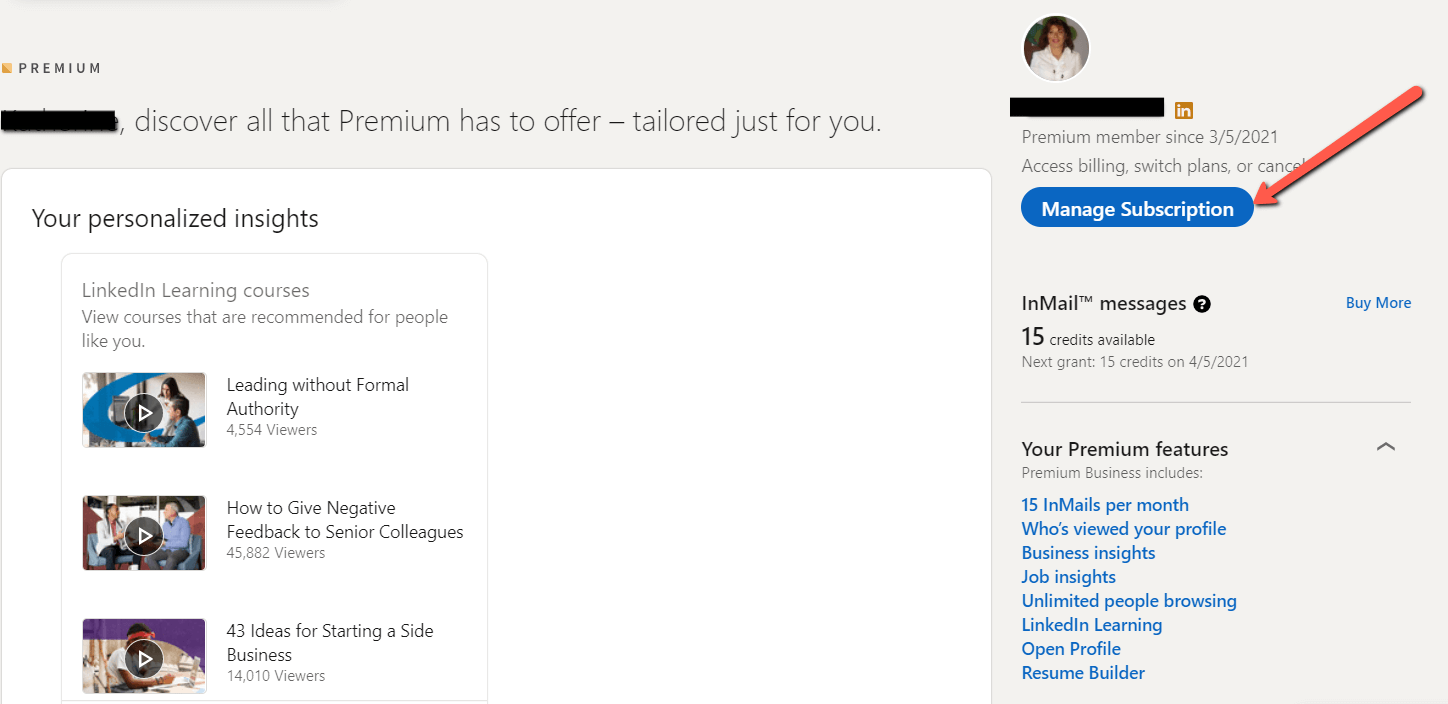 manage subscription option appears