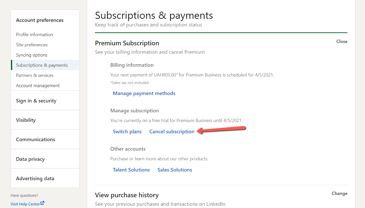 tap the manage subscription